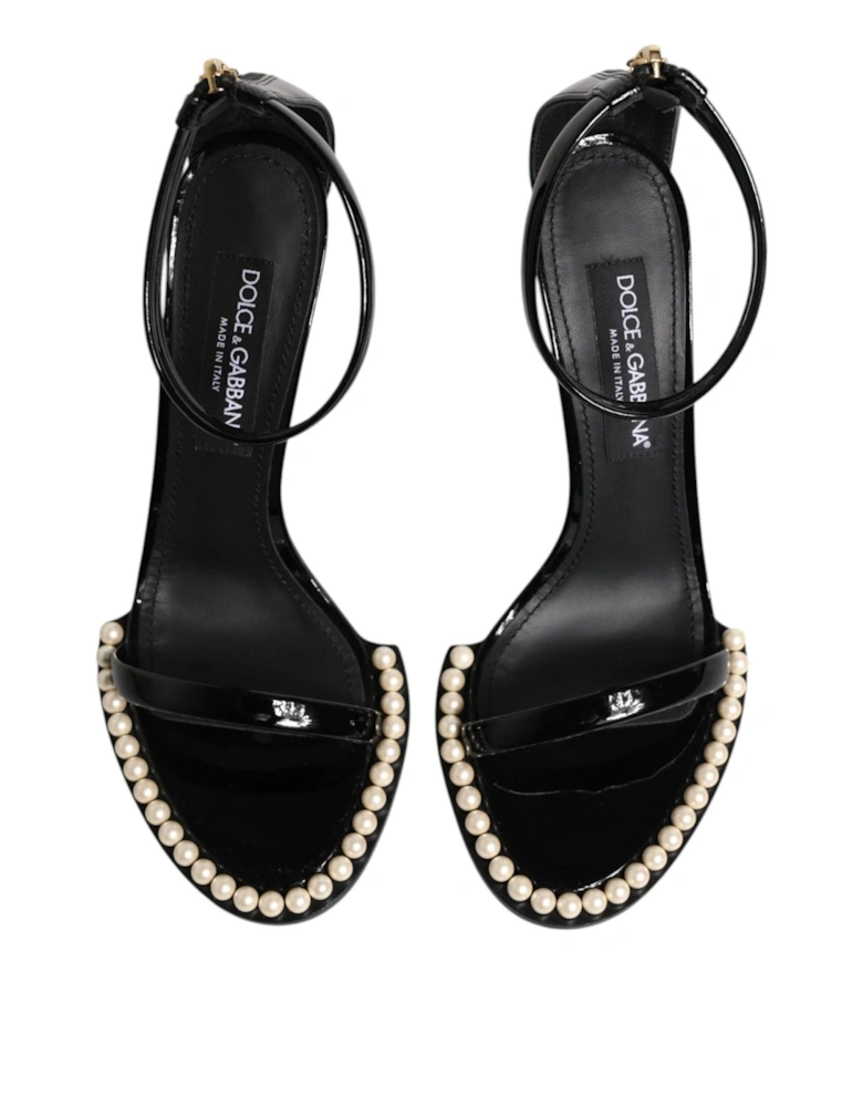 Patent Leather Pearl Embellished Ankle Strap Sandals Women - Black