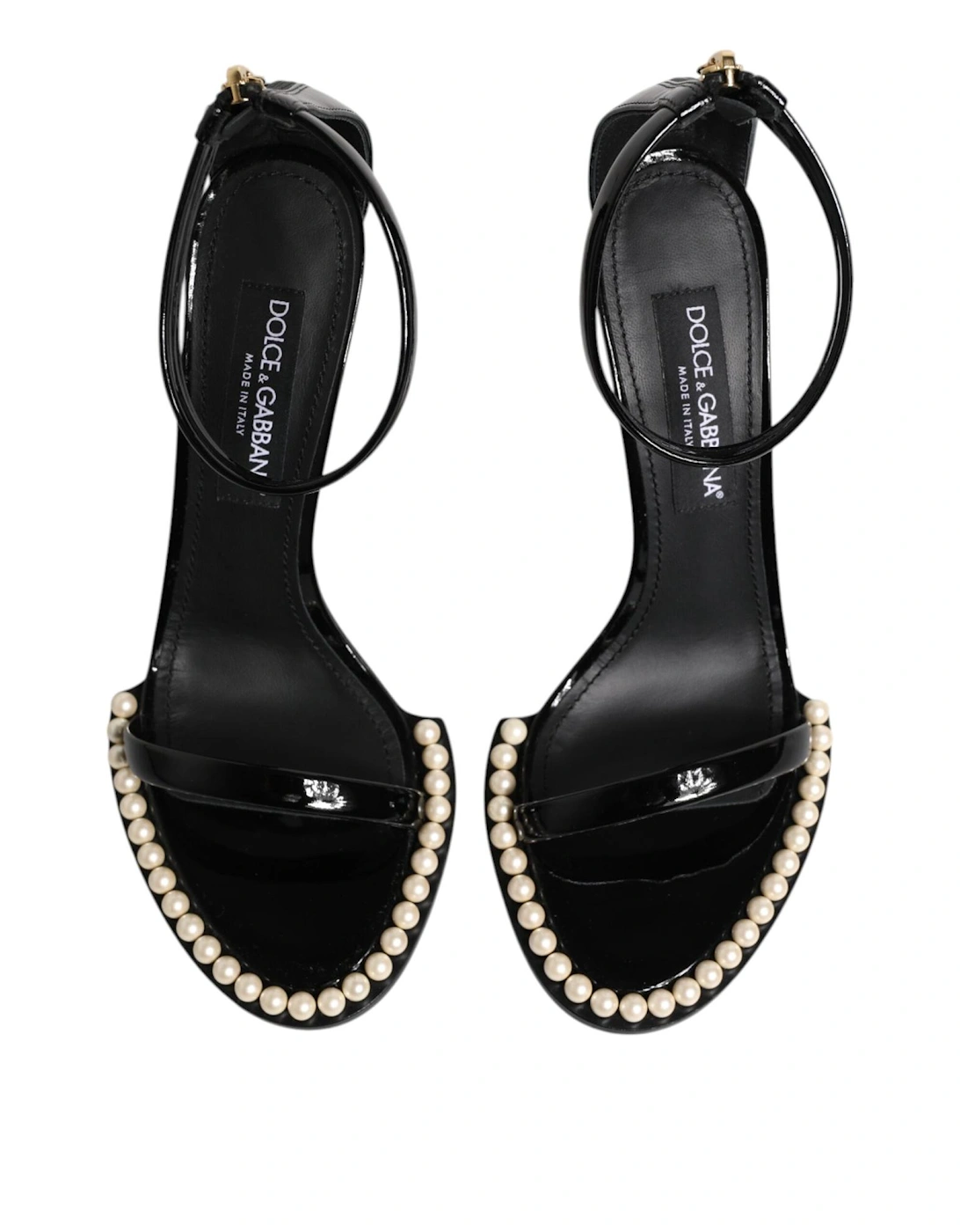 Patent Leather Pearl Embellished Ankle Strap Sandals Women - Black