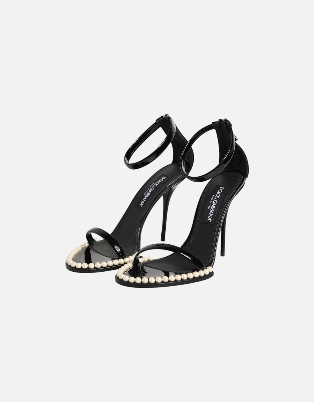 Patent Leather Pearl Embellished Ankle Strap Sandals Women - Black