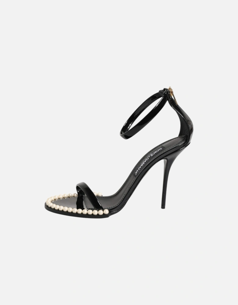 Patent Leather Pearl Embellished Ankle Strap Sandals Women - Black