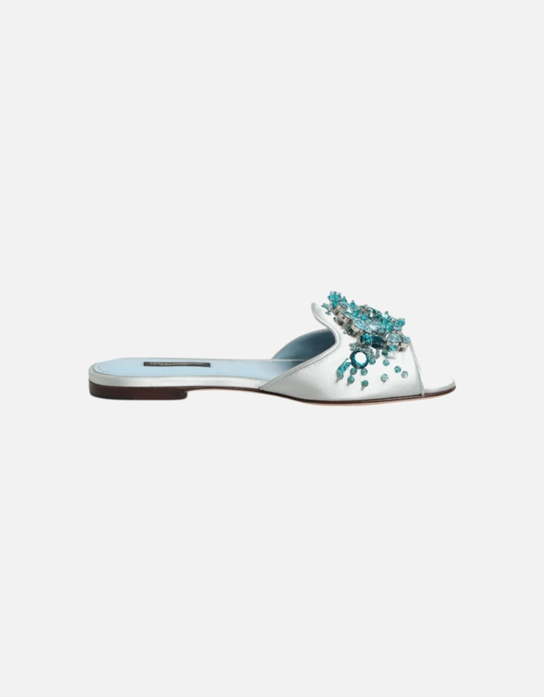 Beaded Embellished Leather Slide Sandals Women - Blue-Silver