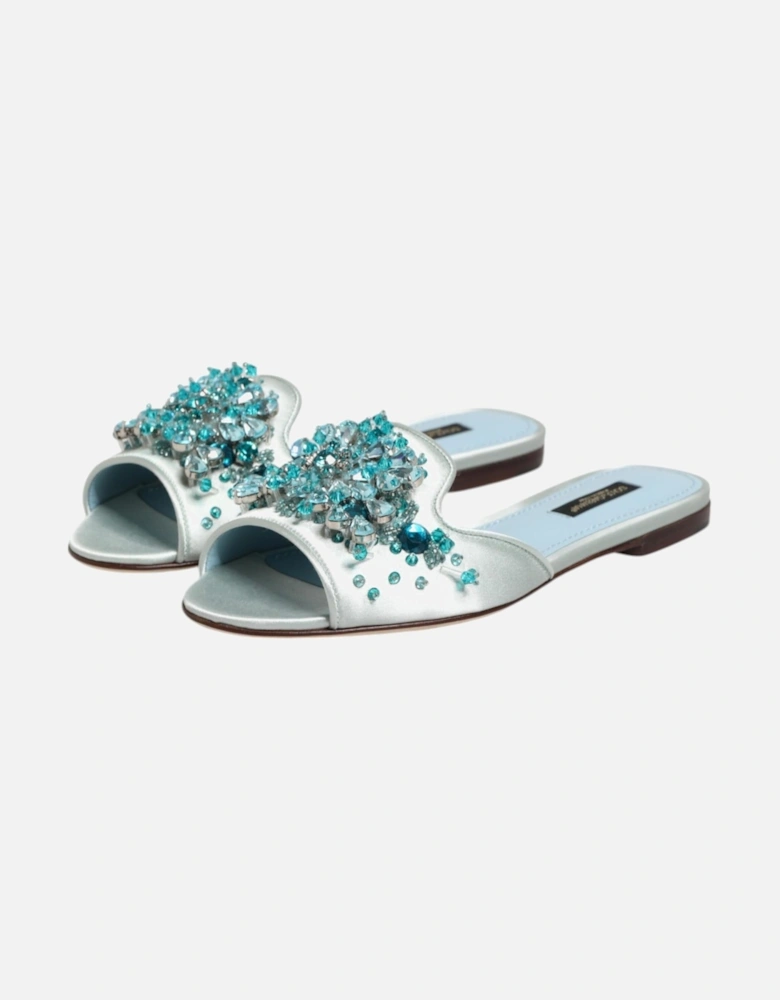 Beaded Embellished Leather Slide Sandals Women - Blue-Silver