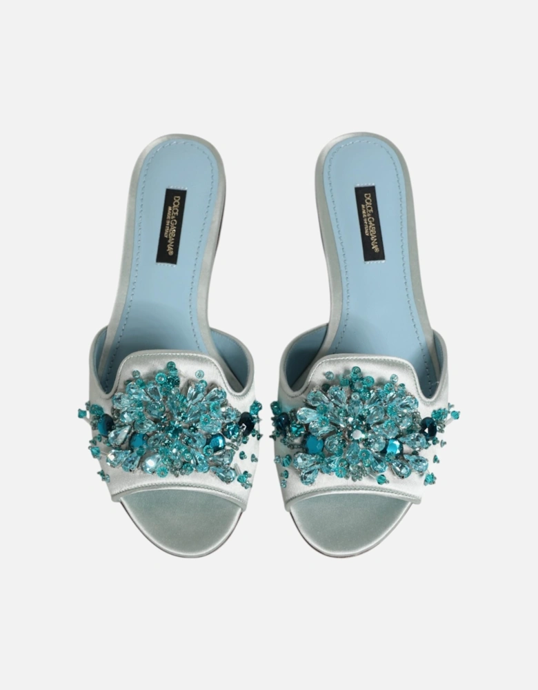 Beaded Embellished Leather Slide Sandals Women - Blue-Silver