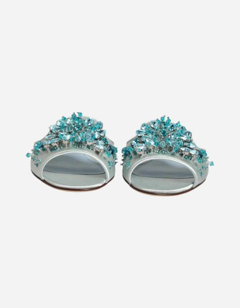 Beaded Embellished Leather Slide Sandals Women - Blue-Silver
