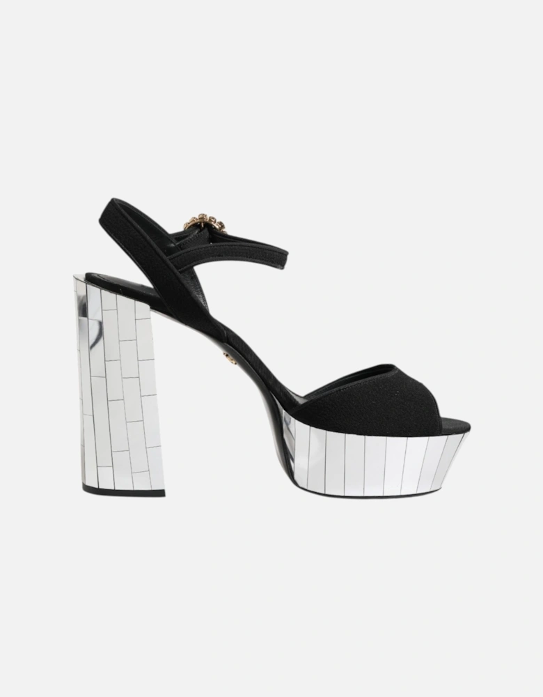 Mirrored Heel Ankle Strap Sandals with Crystals Women - Black | Silver