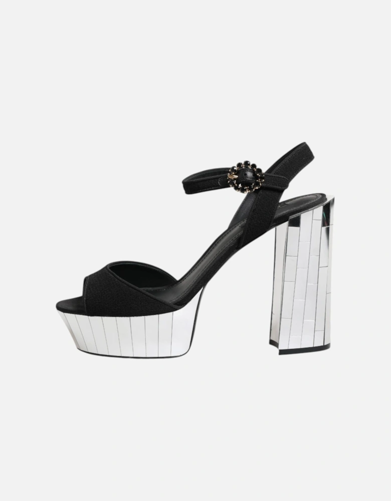 Mirrored Heel Ankle Strap Sandals with Crystals Women - Black | Silver