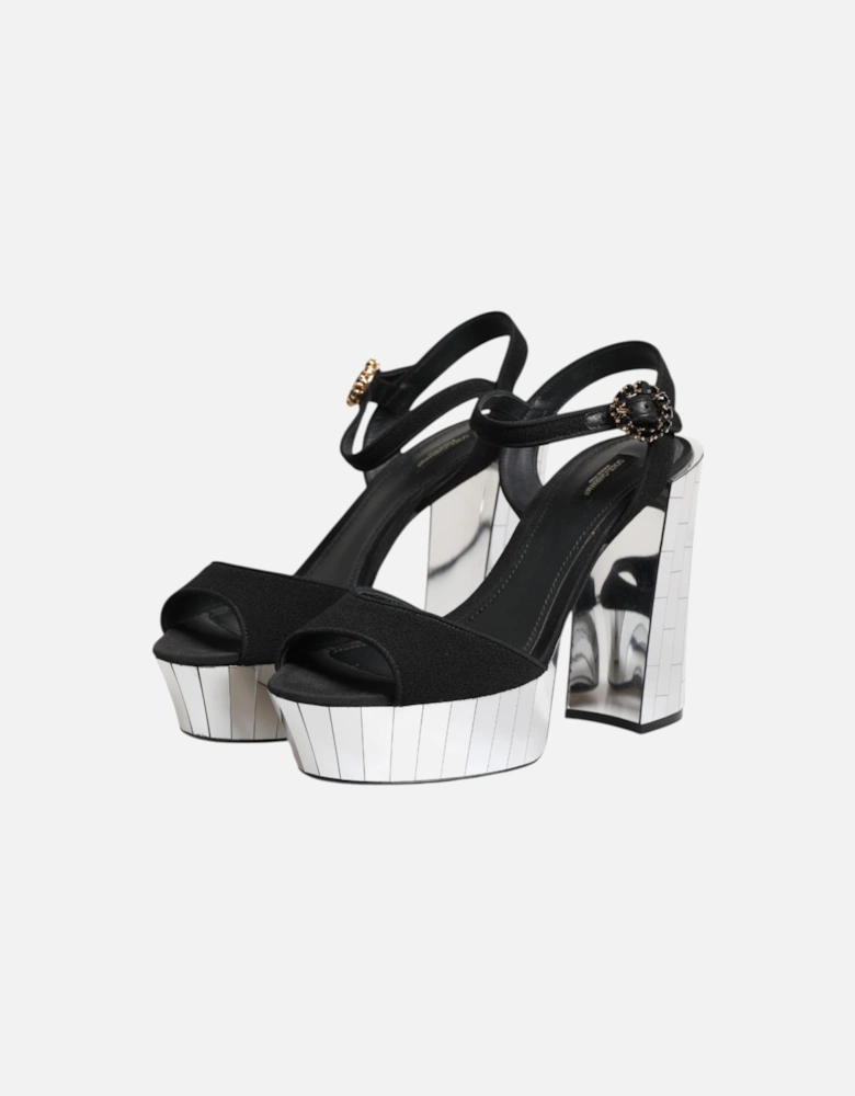 Mirrored Heel Ankle Strap Sandals with Crystals Women - Black | Silver