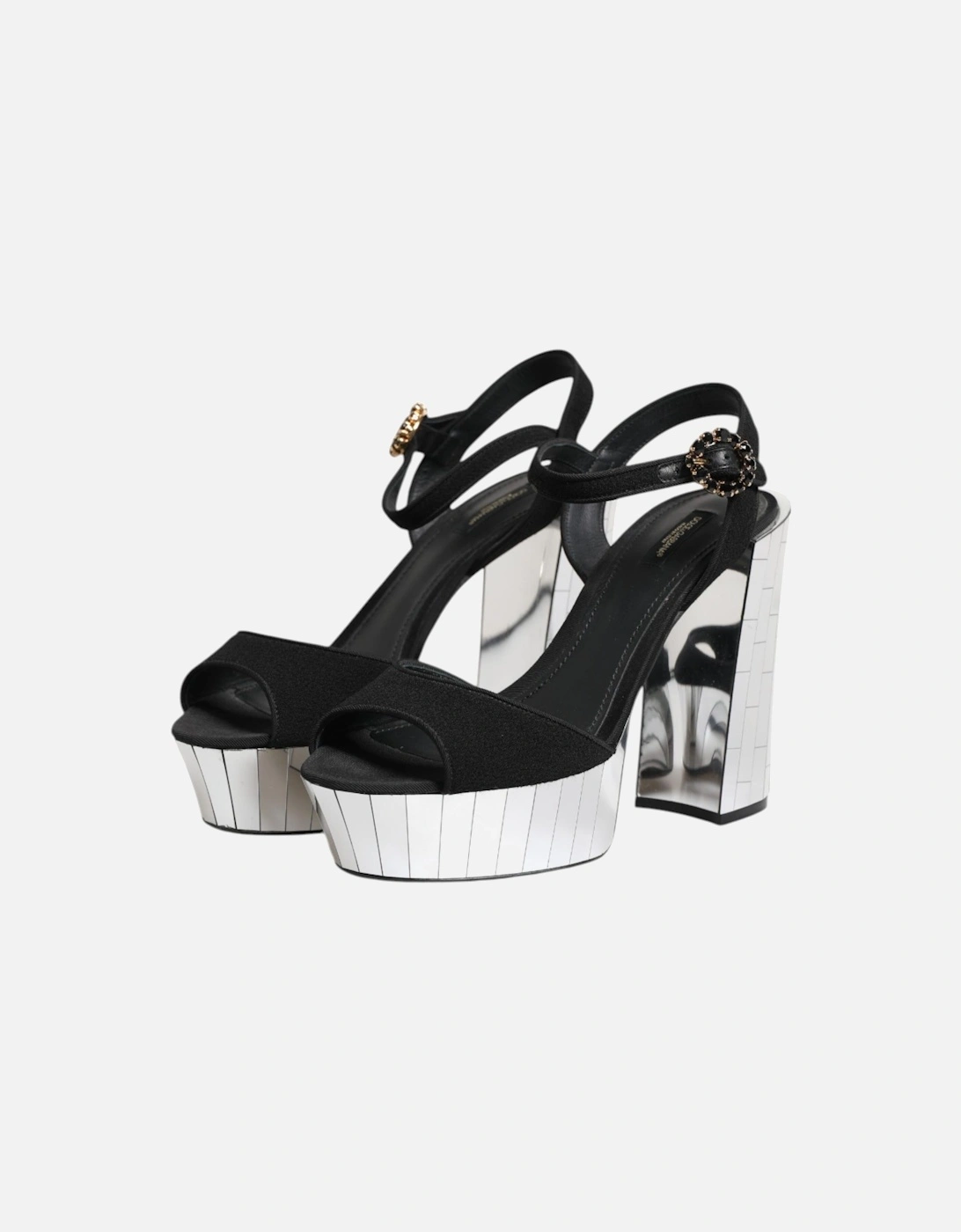 Mirrored Heel Ankle Strap Sandals with Crystals Women - Black | Silver