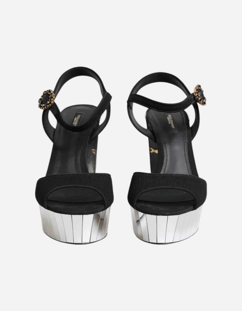 Mirrored Heel Ankle Strap Sandals with Crystals Women - Black | Silver