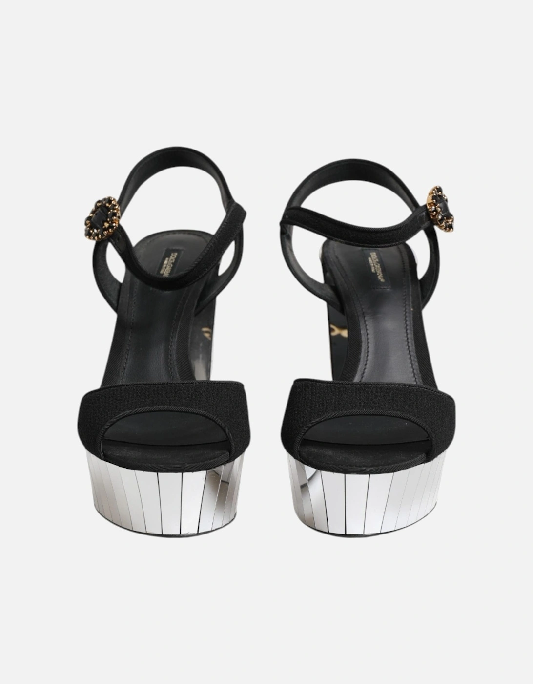 Mirrored Heel Ankle Strap Sandals with Crystals Women - Black | Silver