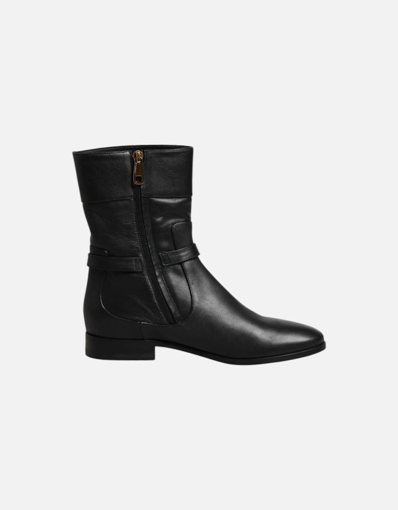 Leather Biker Boots with Side Zipper Women - Black