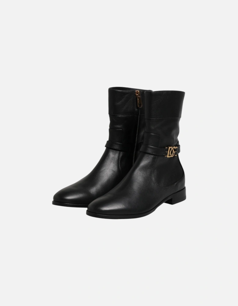 Leather Biker Boots with Side Zipper Women - Black