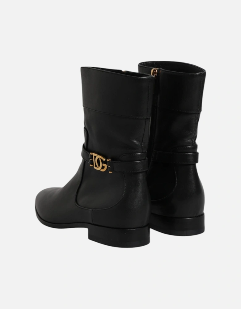 Leather Biker Boots with Side Zipper Women - Black