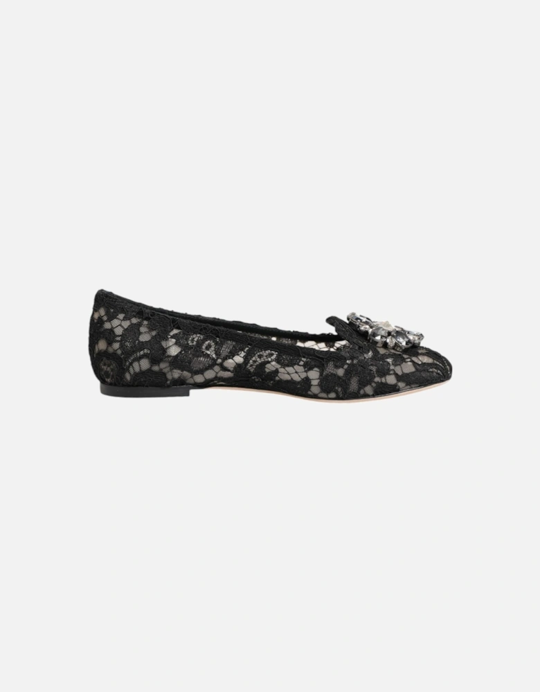 Elegant Floral Lace Flat Shoes with Crystal Flower Women - Black
