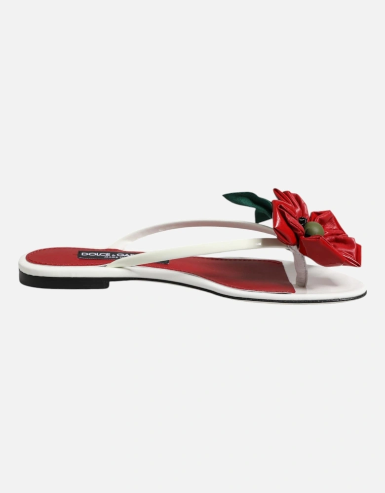 Patent Leather Sandals with Asymmetrical Flowers Women - White And Red