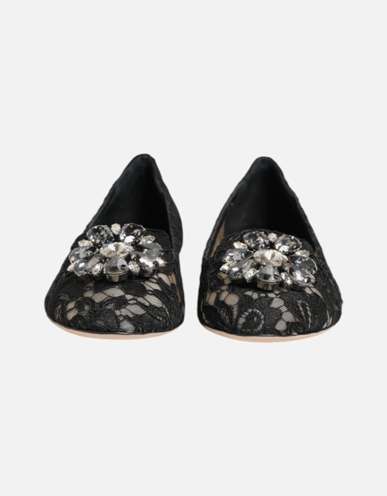 Elegant Floral Lace Flat Shoes with Crystal Flower Women - Black