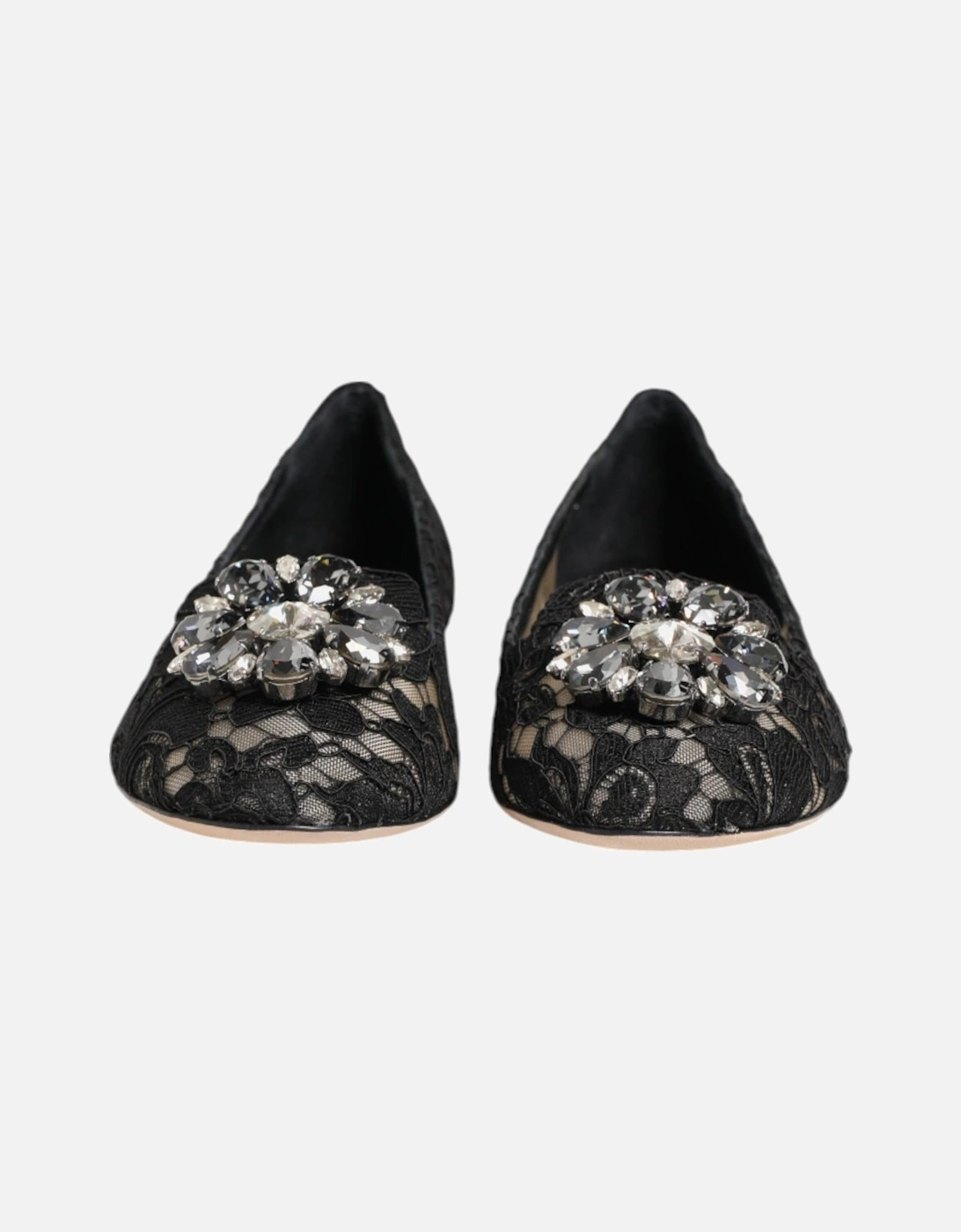 Elegant Floral Lace Flat Shoes with Crystal Flower Women - Black