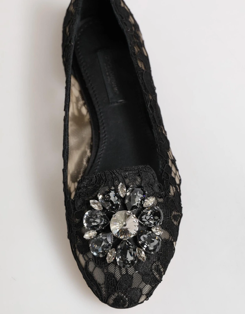 Elegant Floral Lace Flat Shoes with Crystal Flower Women - Black