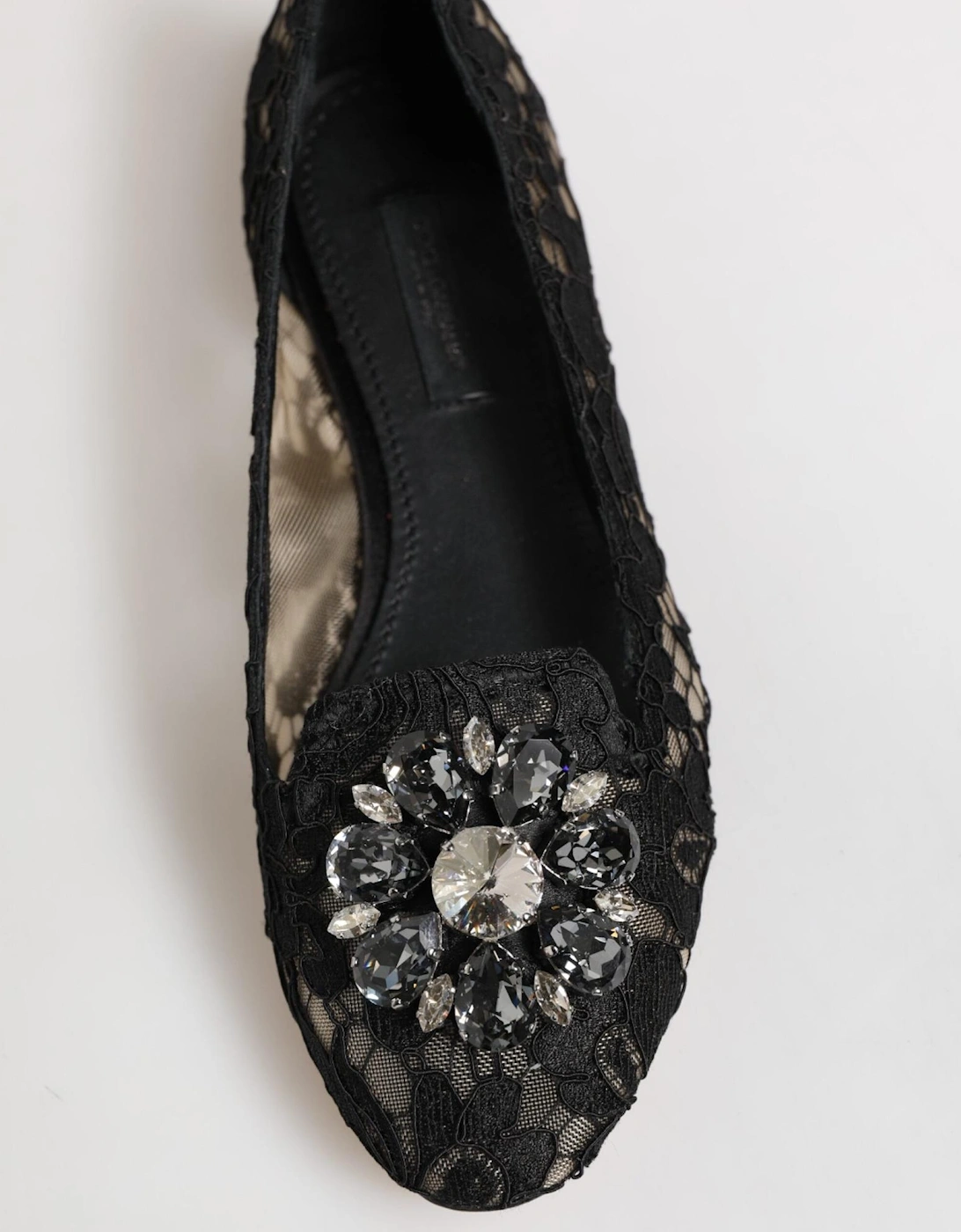Elegant Floral Lace Flat Shoes with Crystal Flower Women - Black