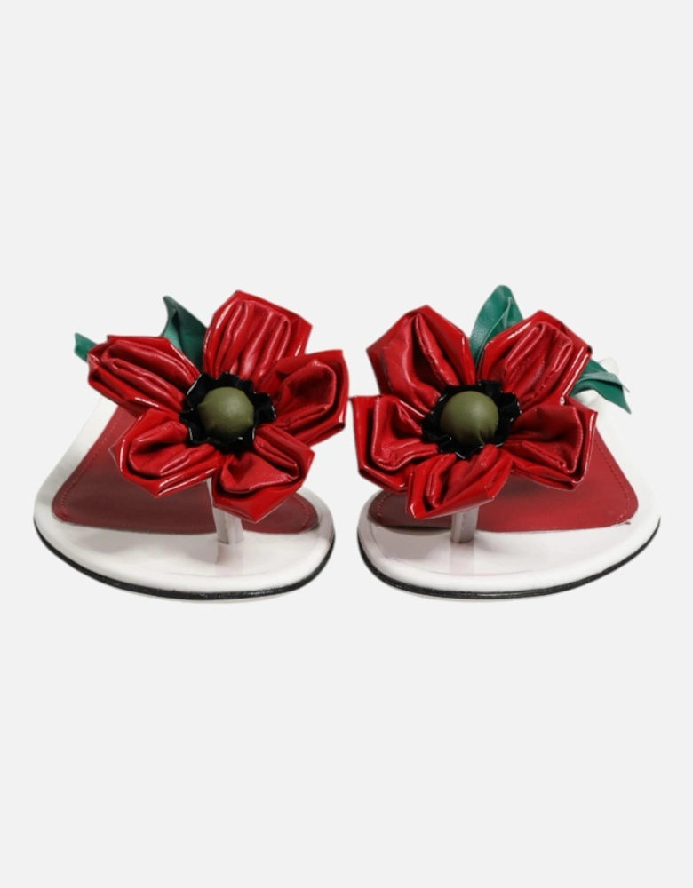 Patent Leather Sandals with Asymmetrical Flowers Women - White And Red