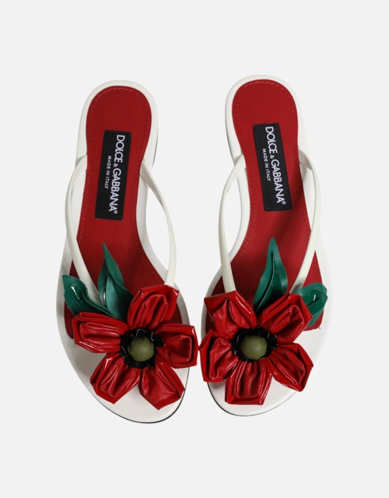 Patent Leather Sandals with Asymmetrical Flowers Women - White And Red