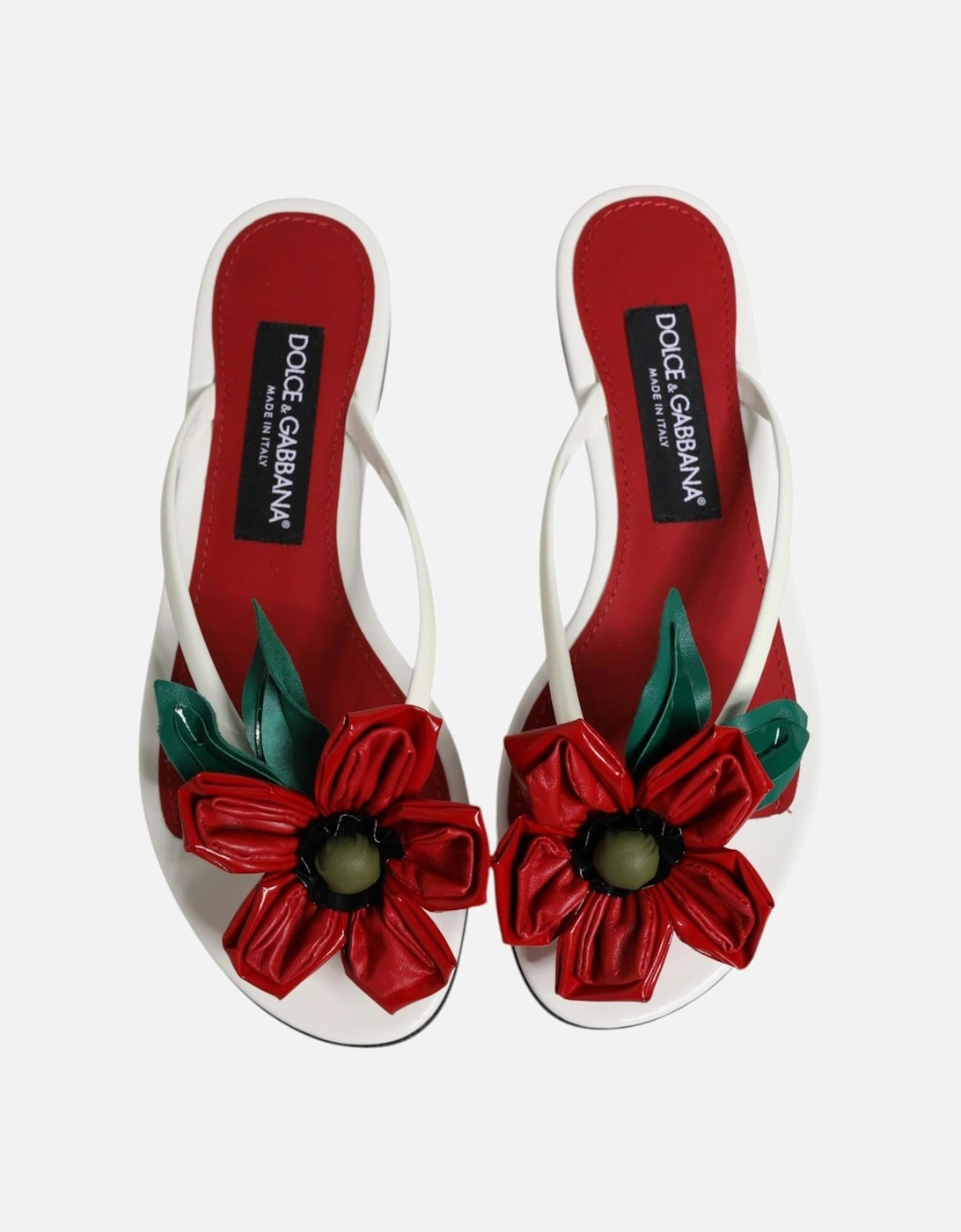Patent Leather Sandals with Asymmetrical Flowers Women - White And Red