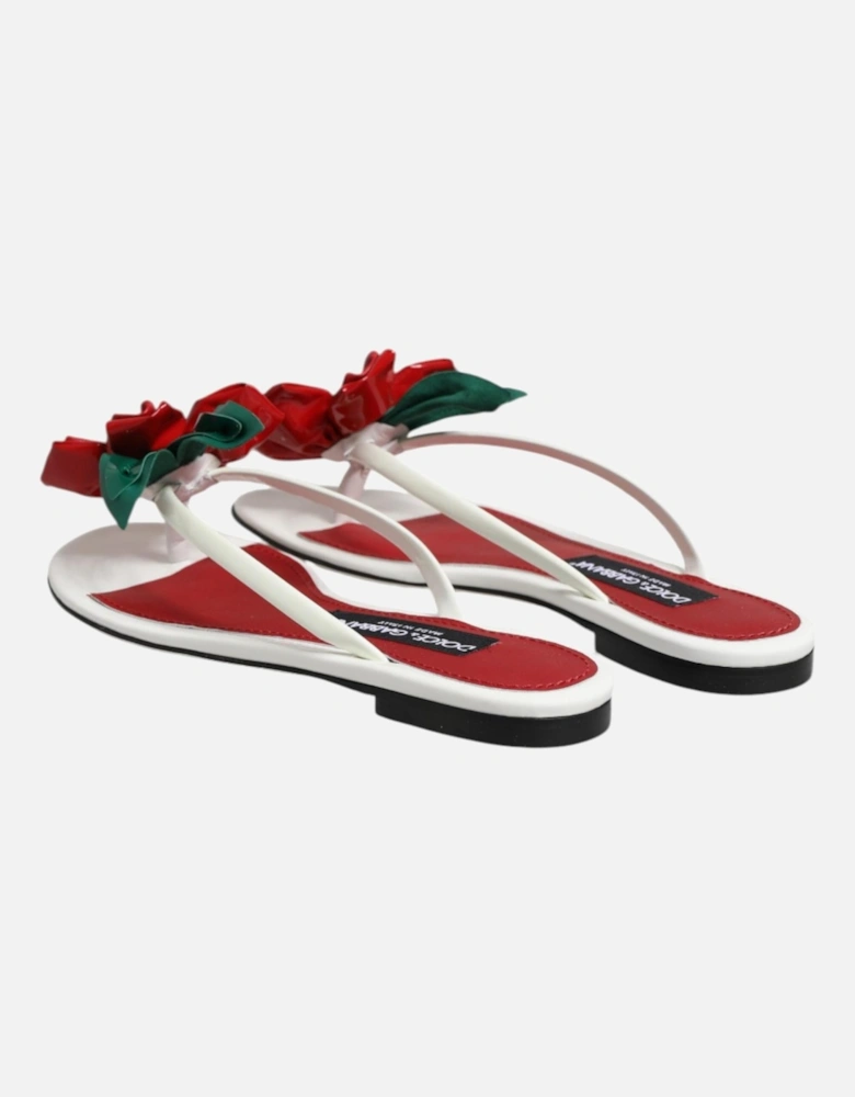 Patent Leather Sandals with Asymmetrical Flowers Women - White And Red