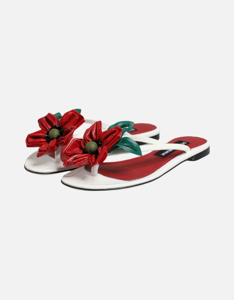 Patent Leather Sandals with Asymmetrical Flowers Women - White And Red