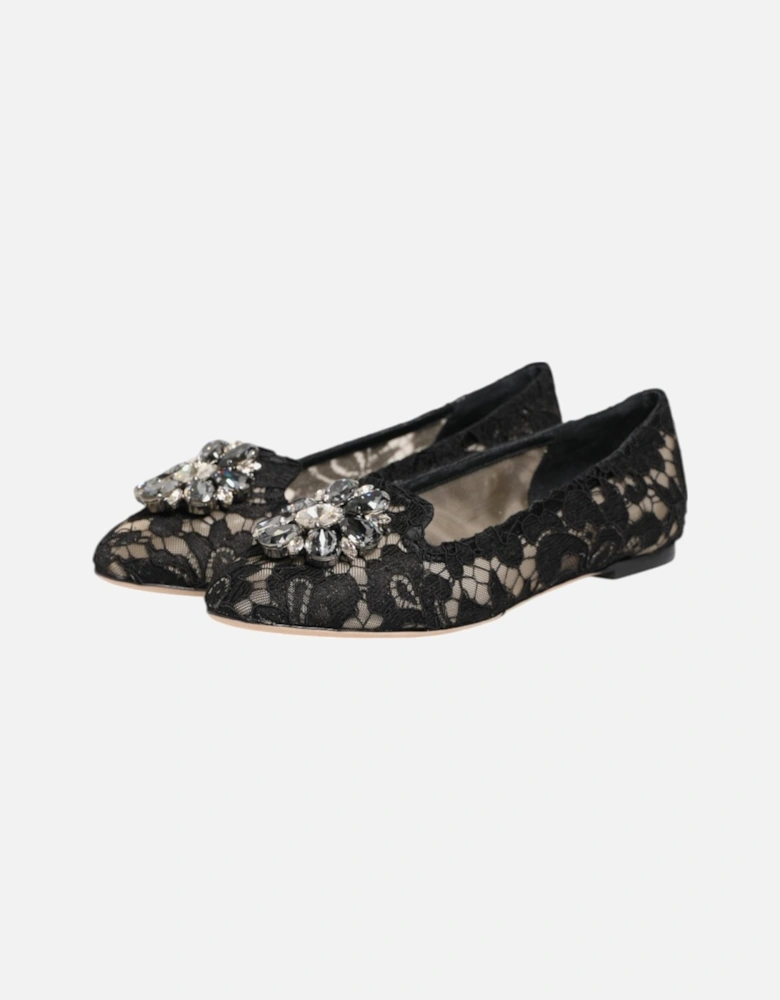 Elegant Floral Lace Flat Shoes with Crystal Flower Women - Black