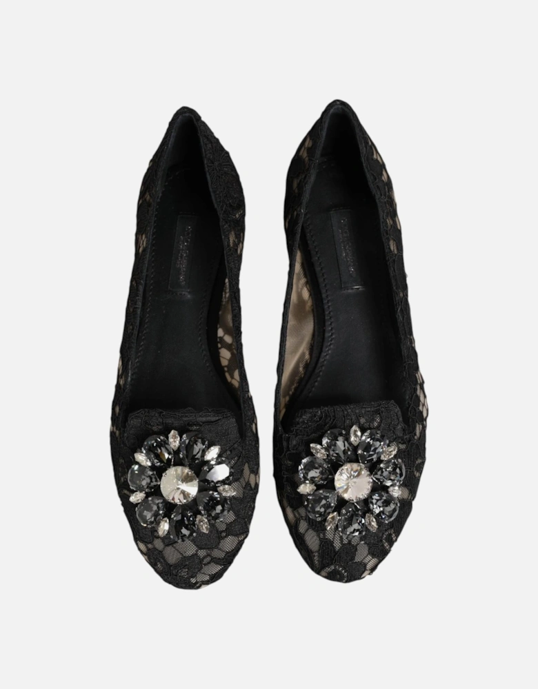 Elegant Floral Lace Flat Shoes with Crystal Flower Women - Black