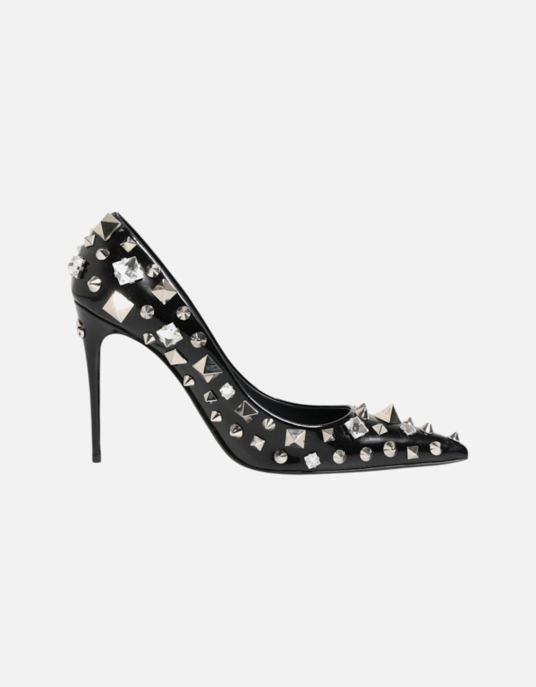 Embellished Leather Heel Pumps with Crystals Women - Black