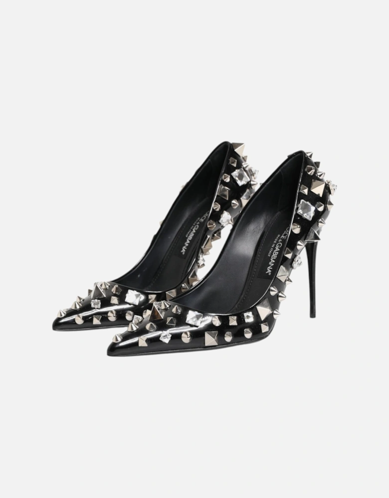 Embellished Leather Heel Pumps with Crystals Women - Black