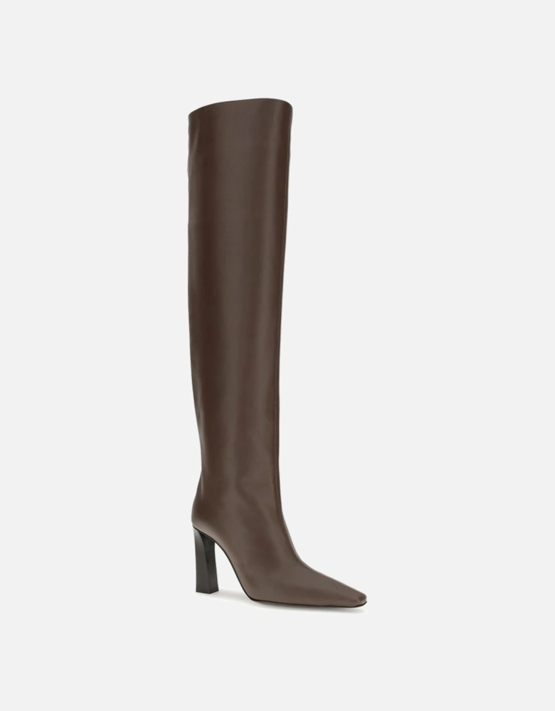 Extra High Leather Boots with Squared Heel Women - Brown