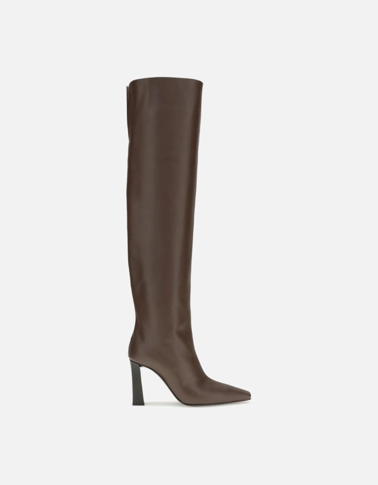 Extra High Leather Boots with Squared Heel Women - Brown