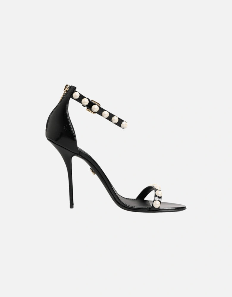 Patent Leather Pearl Embellished Ankle Strap Sandals Women - Black