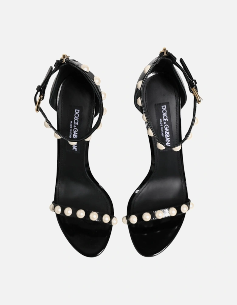 Patent Leather Pearl Embellished Ankle Strap Sandals Women - Black