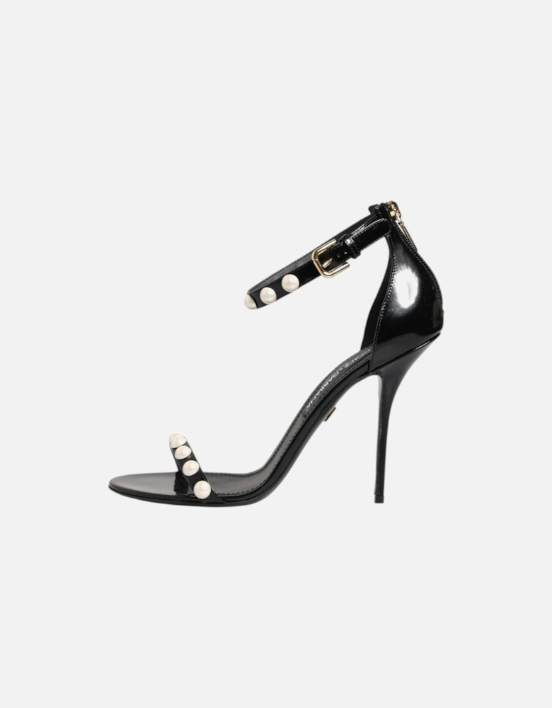 Patent Leather Pearl Embellished Ankle Strap Sandals Women - Black
