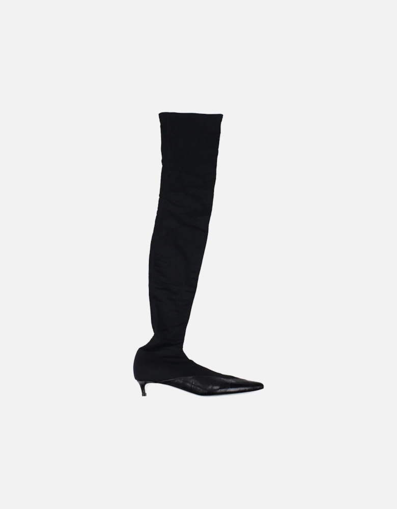 Pointy Toe Mid Heel Fabric Boots Women - Black