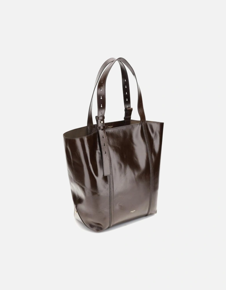 Shiny Leather Tote Bag with Adjustable Handles Women - Brown Shoulder