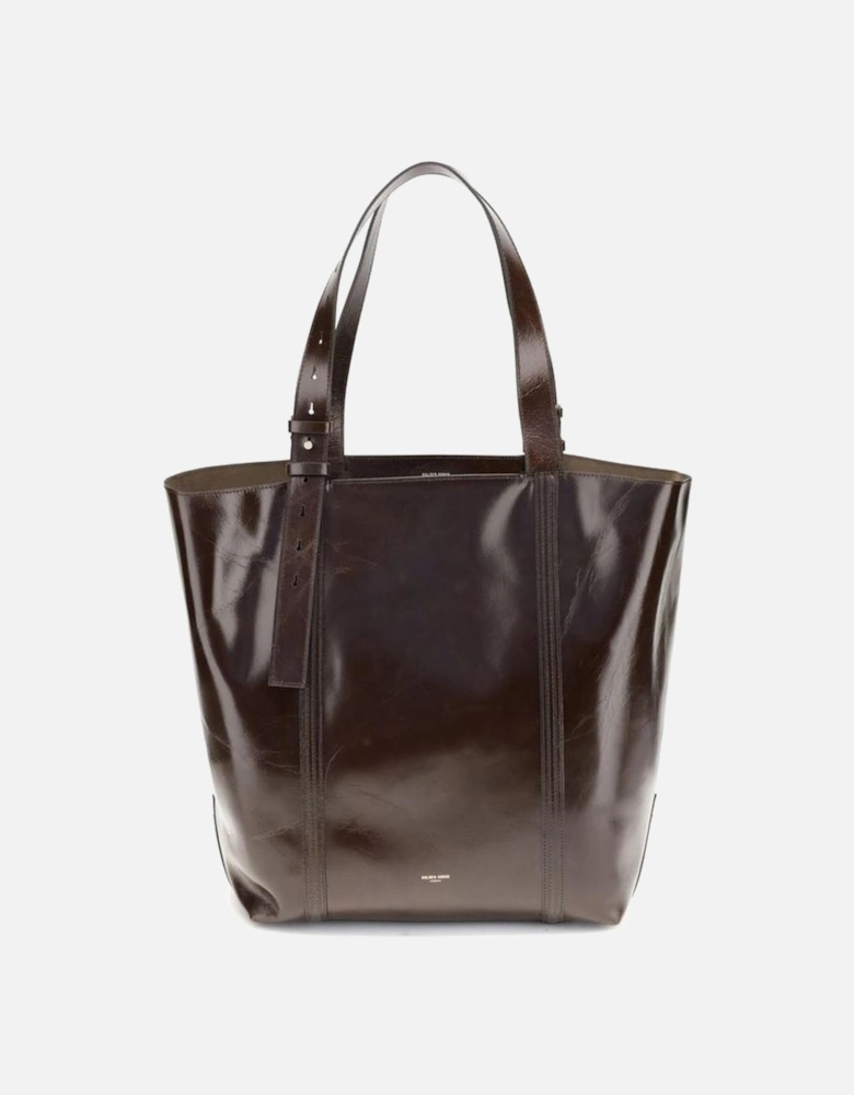 Shiny Leather Tote Bag with Adjustable Handles Women - Brown Shoulder