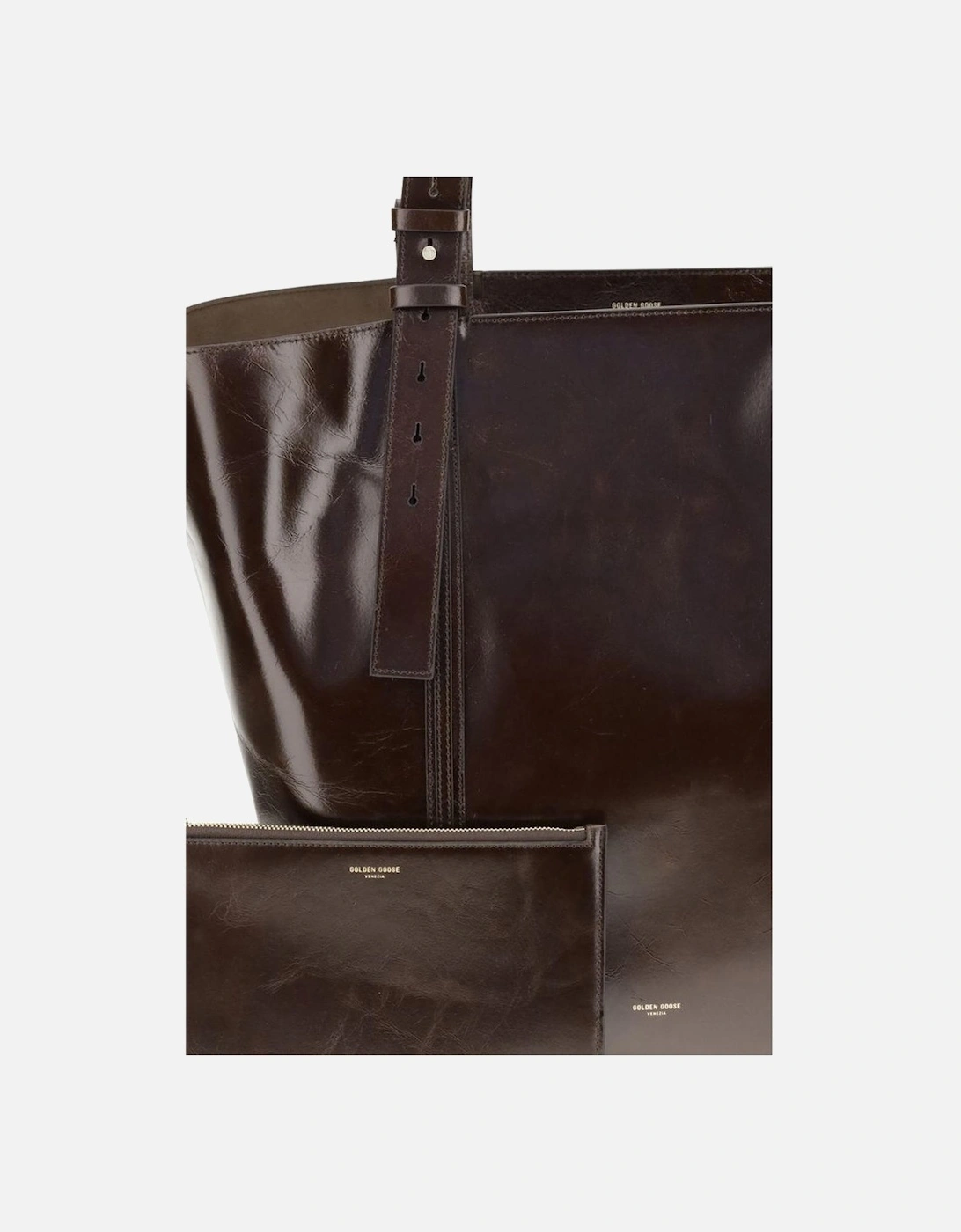 Shiny Leather Tote Bag with Adjustable Handles Women - Brown Shoulder