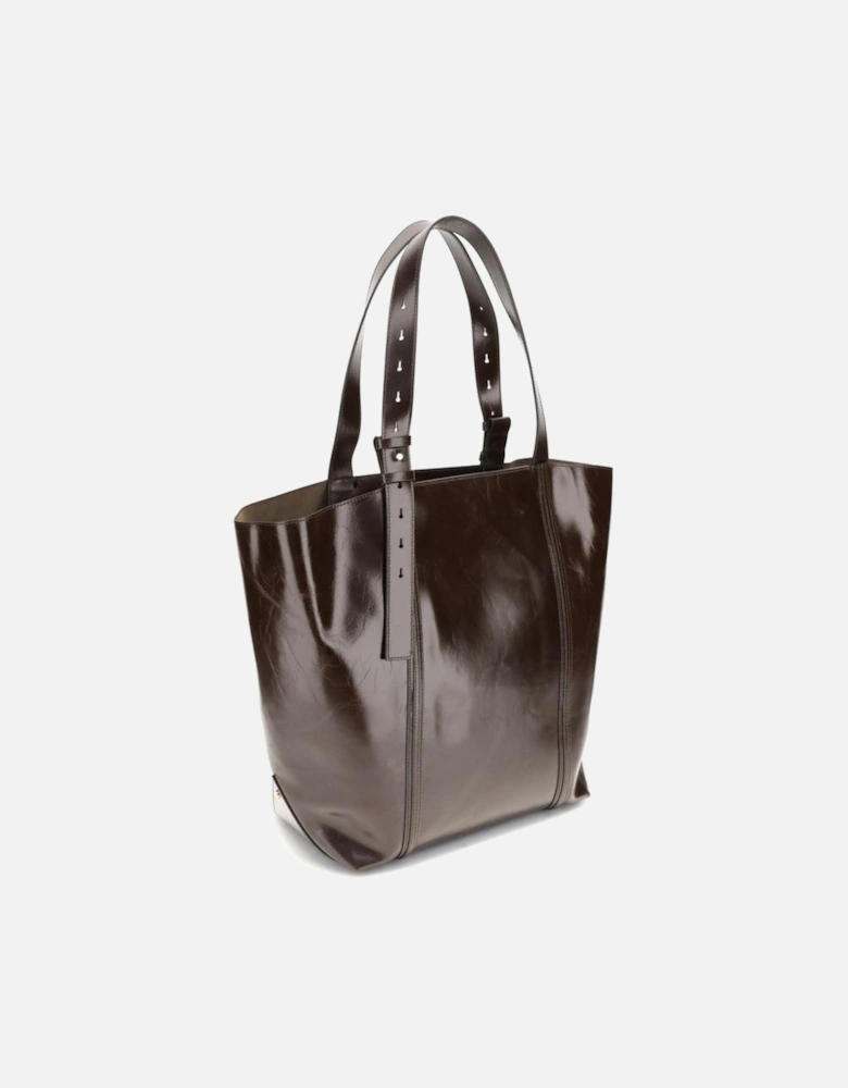 Shiny Leather Tote Bag with Adjustable Handles Women - Brown Shoulder