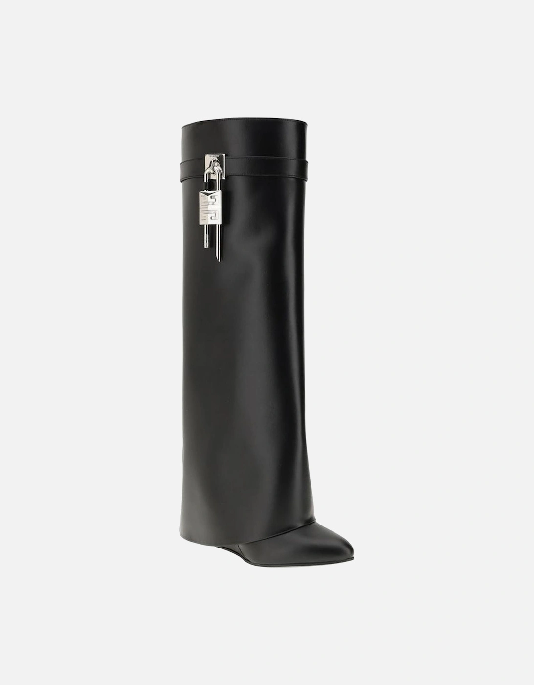 Shark Lock Calfskin Leather Wedge Heel Boots Women - Black
