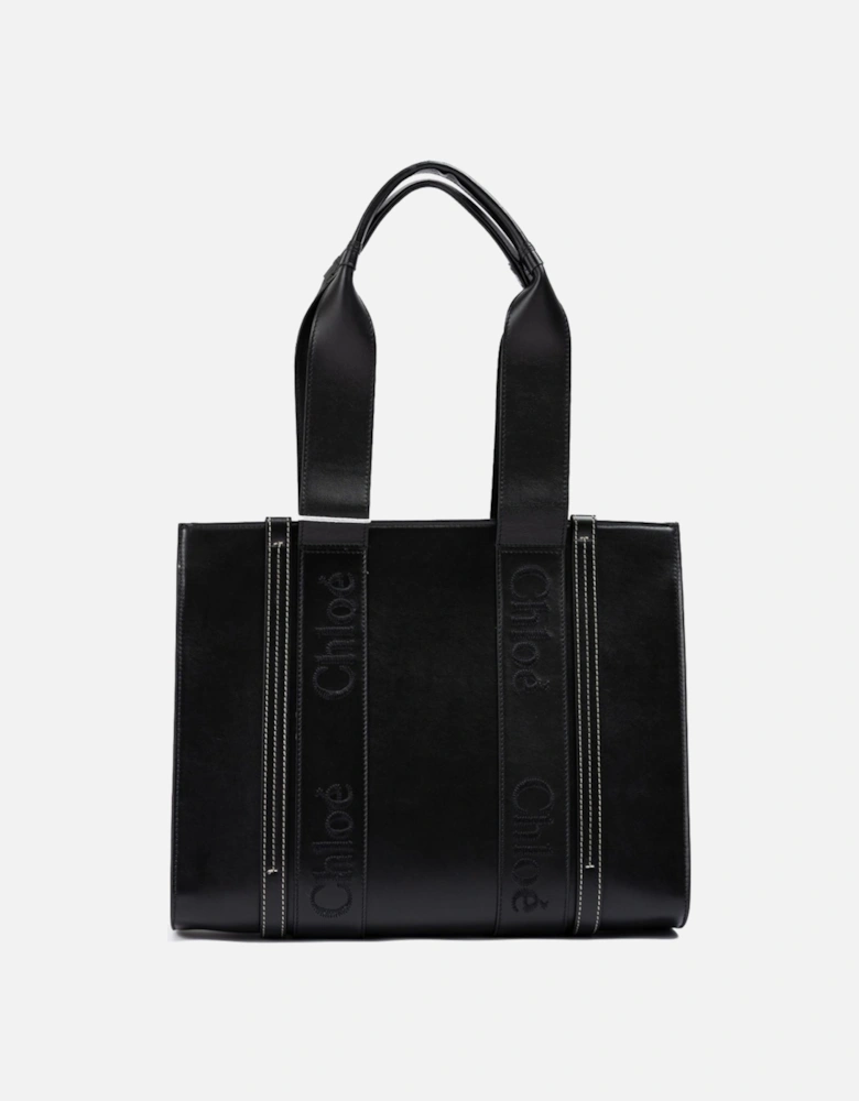 Medium Leather Tote Bag with Embroidered Logo Women - Black Handbags