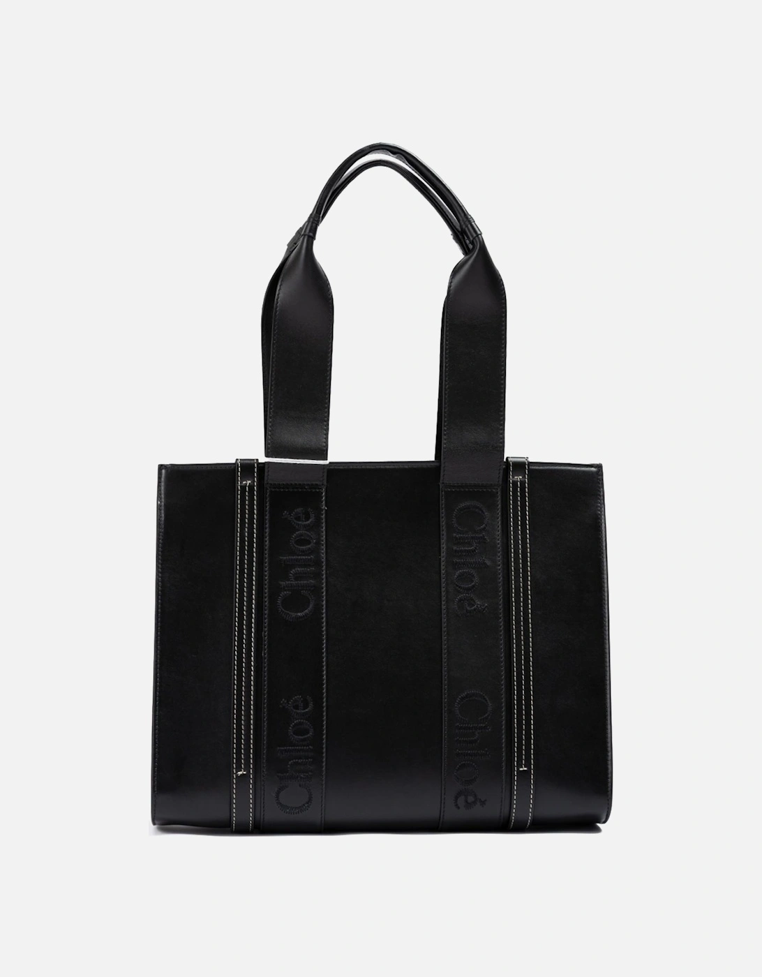 Medium Leather Tote Bag with Embroidered Logo Women - Black Handbags, 6 of 5