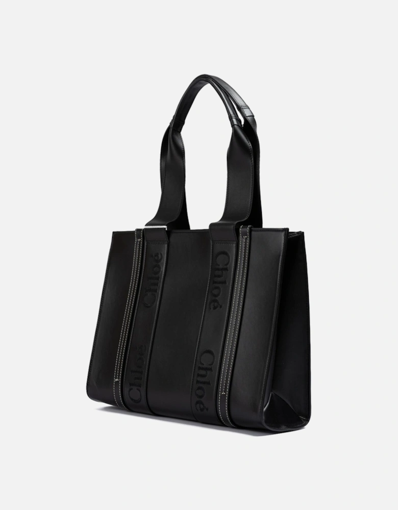 Medium Leather Tote Bag with Embroidered Logo Women - Black Handbags