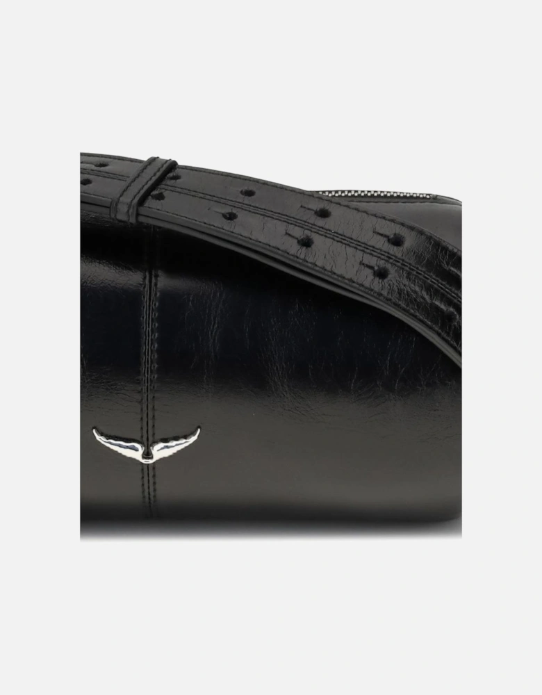 Glossy Leather Shoulder Bag with Silver Metallic Details Women - Black