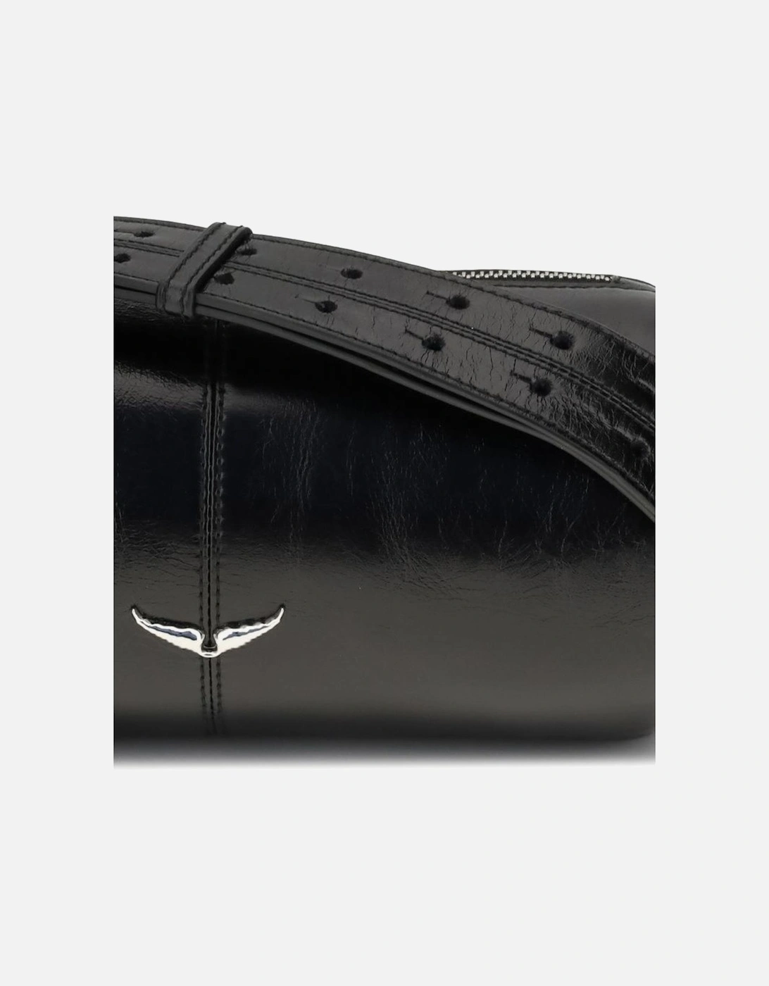 Glossy Leather Shoulder Bag with Silver Metallic Details Women - Black