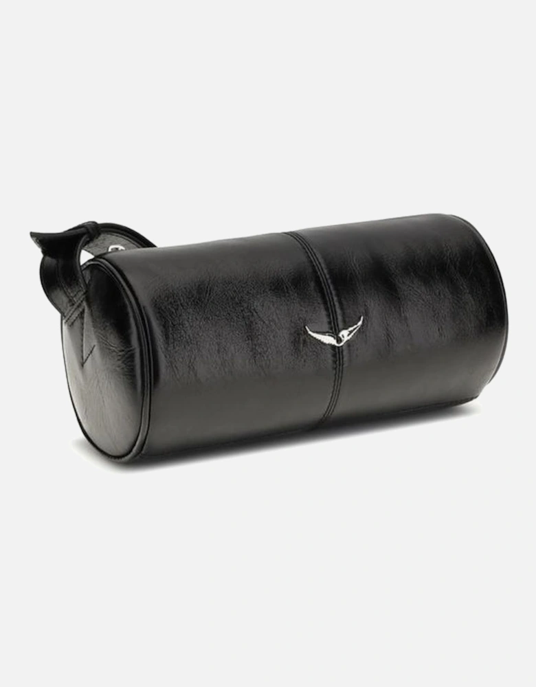 Glossy Leather Shoulder Bag with Silver Metallic Details Women - Black
