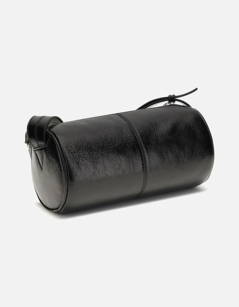 Glossy Leather Shoulder Bag with Silver Metallic Details Women - Black